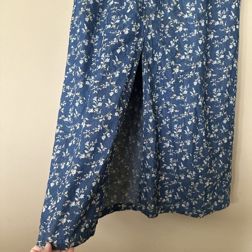 VTG Denim Collared Maxi Shirt Dress Floral Women 12 Cottagecore Farm High Waist - Picture 8 of 9